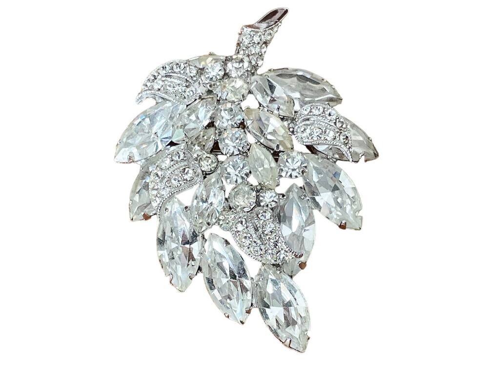 1950s Weiss Clear White Crystal Rhinestone Leaf Brooch Rhodium Plated Brooch